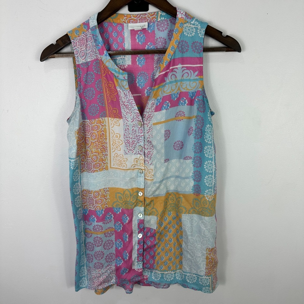 J. Jill Sleeveless Top Womens XS Colorful Patch Work Button Up Boho Hippie Indie